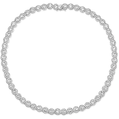 Gemsme 18K White Gold Plated Halo Necklace 5.0mm Round Cubic Zirconia Classic Tennis Necklace