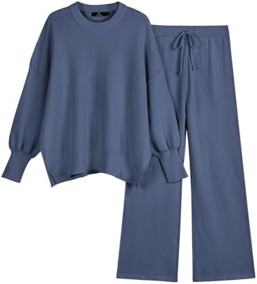 LILLUSORY Women 2 Piece Outfits Sweatsuit Oversized Knit Pullover Sweater Tops Wide Leg Pants Lounge Set