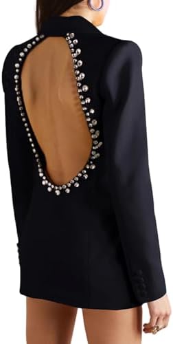 Women Trendy Hollow Back Patchwork Rhinestone Backless Blazers Long Sleeve Single Breasted Blazer Wedding Club Jacket