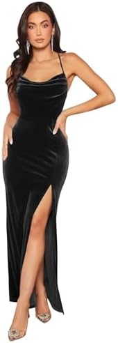 Spaghetti Straps Velvet Bridesmaid Dresses for Women Cowl Neck Mermaid Long Prom Dresses with Slit Wedding Guest Dress