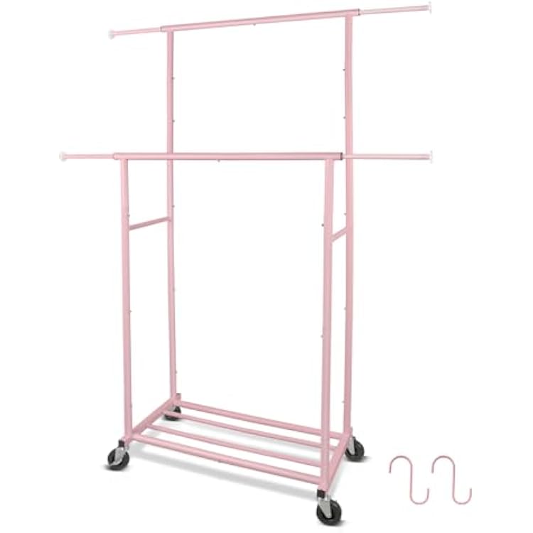 Portable Pink Double Rods Garment Rack with Rolling Clothes Organizer on Lockable Wheels Mobile for Gilr Women, 48 W x 15 D x 67 H, Metal Simple Hanging Clothes with 2 Hook