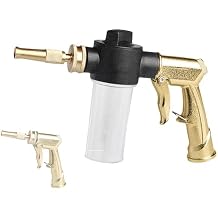 Garden Hose Nozzle Sprayer with 3.5oz Plastic Soap Dispenser Bottle, Heavy Duty High Pressure Car Wash Foam Gun, Adjustable Nozzle For Gardening, Solar Panel Cleaning, Pet Showering (Brass)