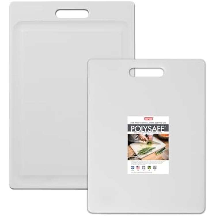 Dexas 2-Pack NSF Certified Polysafe Cutting Boards, 11 x 14.5, 12 x 18 Inches, Reversible Kitchen Cutting Board with Handle and Juice Well, White
