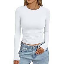 Trendy Queen Womens Fall Crew Neck Long Sleeve Ruched Slim Fit Tops