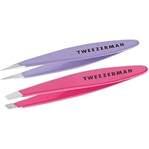 Tweezerman Mini Slant and Point Tip Tweezer - Tweezers Set for Eyebrows, Travel Tweezers for Eyebrows, Facial Hair