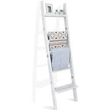 67" Wooden Blanket Ladders for The Living Room,5-Tier Ladder Shelf, Ladder Rack for Storage and Decor (Weathered White)