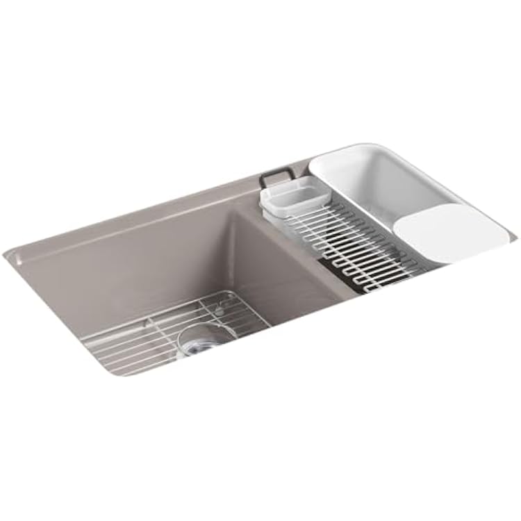 KOHLER Riverby 33 Offset Undermount Kitchen Sink, 9 Deep LargeMedium Double-Bowl, Kitchen Sinks with Accessories and 5 Faucet Holes, K-8669-5UA3-TRF, Truffle