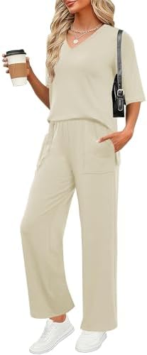 LOMON Women's 2 Piece Lounge Pajama Sets Soft 3/4 Sleeve Tops and Wide Leg Pants Loose Casual Outfits with Pockets
