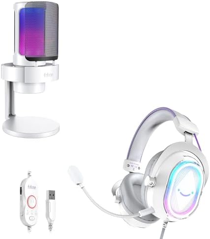 FIFINE USB Condenser Microphone with Gaming Headset Bundle, RGB Mic with Headphone Equipment Set with Monitoring, Game Chat Balance, Control Box, Compatible with PS4/PS5 for Video Streaming-A8W+H13WP