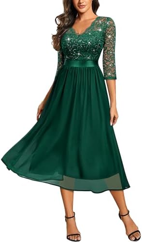 Miusol Women's Elegant V Neck Sequin Lace Sleeve Bridesmaid Party A-line Dress