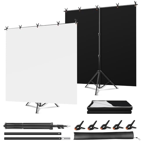 Black White Backdrop Screen with Stand Kit, 5 x 6.5 ft Photo Backdrop Kit, 2-in-1 Revisible Black Backdrop White Screen with T-Shaped Stand and 5 Clamps for Photography Party Decorations