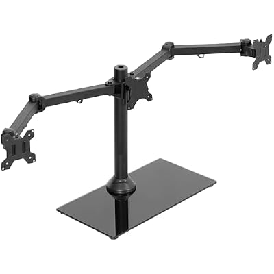 VIVO Black Triple Monitor Mount Freestanding Desk Stand with Glass Base, Heavy Duty Fully Adjustable Stand for 3 Screens up to 24 inches STAND-V003FG