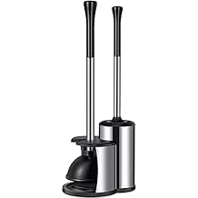 HAMITOR Toilet Plunger Bowl Brush Set: Hideaway Heavy Duty Toilet Plunger Scrubber Cleaner Holder Combo for Bathroom with Covered Caddy Hidden Elongated Discreet Apartment Plunger Brush Accessories