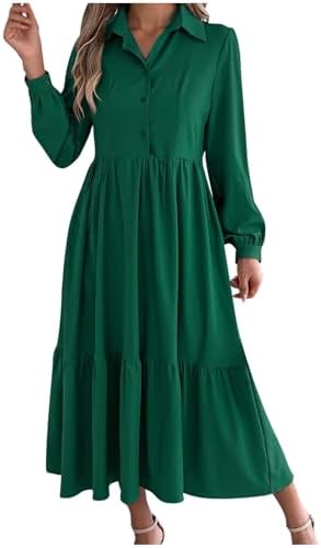 Fall Midi Dresses for Women Casual Long Sleeve Collared Button Up High Waist Flowy Pleated Tiered A Line Shirt Dress