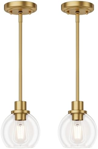 Ralbay Brushed Gold Pendant Light 2-Pack, Farmhouse Pendant Light Fixtures with Globe Clear Glass Shade, Kitchen Island Lighting for Dining Room, Rustic Adjustable Hanging Lighting Fixture