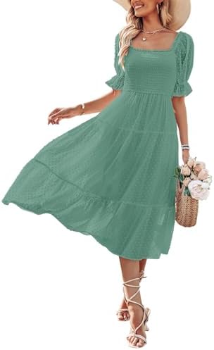 MEROKEETY Womens Summer Square Neck Puff Sleeve Boho Midi Dress Swiss Dot Ruffle Flowy Tie Back Dress