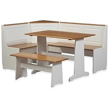 Pemberly Row Patio Conversation Indoor 3 Piece Kitchen Corner Nook Table Booth Bench Breakfast Dining Set in White
