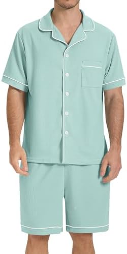 SIORO Mens Pajamas Set Short Sleeve Sleepwear Button Down Pjs Set Waffle Knit Loungewear Nightwear Shorts Set with Pockets