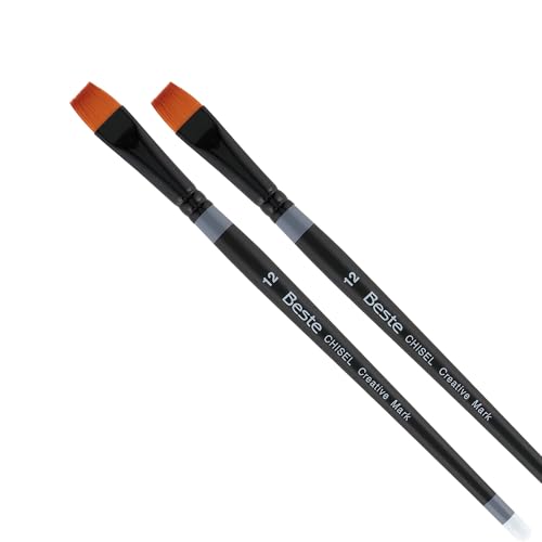 Creative Mark Beste Golden Taklon Chisel #12-2 Pack Artist Brush, Professional Watercolor Brushes, for Acrylic Painting, Short Handle, Sharp Edges, Hand-Tied & Shaped