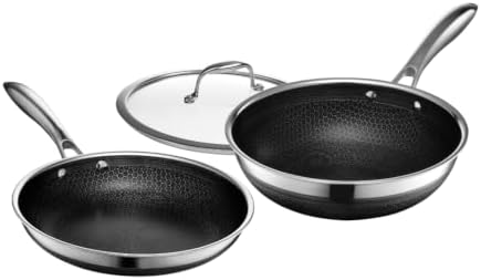 HexClad Hybrid Nonstick 3-Piece Cookware Set, 10" Wok and 10" Pan with Lid, Stay-Cool Handles, Dishwasher and Oven-Safe, Induction Ready, Compatible with All Cooktops