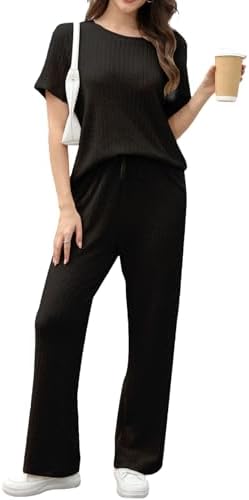 Lanliun Women's 2 Piece Lounge Set - Soft Short Sleeve Pajama Set with Pockets Comfortable Sleepwear Loungewear for Women