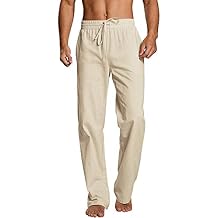 Enjoybuy Men's Linen Drawstring Beach Golf Elastic Waist Spring Long Casual Loose Summer Yoga Cotton Pants, 02-khaki, Large