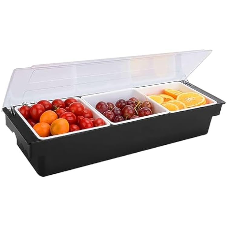Ice Cooled Condiment Serving Container Fruit Veggie Condiment Caddy Plastic Garnish Station with Lid for Fruit,Ice Cream,Salad Bar-Topping Organizer for Restaurant Supplies 3 Compartments