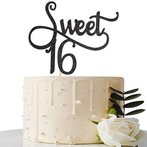 Black Glitter Sweet 16 Cake Topper -16th Birthday Cake Topper - Sweet Sixteen Party Themes Decoration Supplies