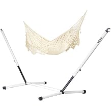 LA SIESTA Bossanova Organic Cotton Hammock & Steel Stand - Indoor Outdoor Hammock with Stand - Handmade in Brazil, Boho Hammock - 2 Person Double Hammock Bed for Patio Bedroom - XL King, Latte