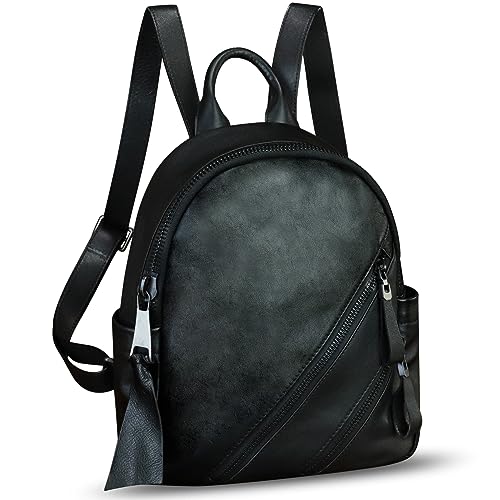 IVTG Vintage Genuine Leather Backpack for Women Cowhide Soft Real Leather Fashion Knapsack Purse Rucksack Daypack Bag Black