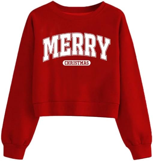 Tewmeu Cropped Christmas Sweaters for Women Xmas Long Sleeve Crop Sweatshirt Fall Winter Teen Girls Y2k Outfits