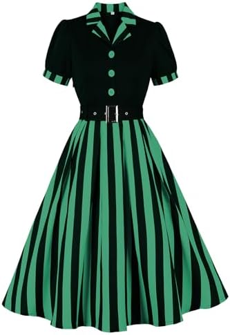 Notch Lapel Striped 50s Dress for Women Vintage Color Block 1950s Retro Cocktail Party A Line Rockabilly Tea Dress with Belt