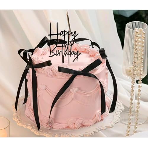 CIEHER Happy Birthday Acrylic Cake Topper with 6 Black Bow Decorations for Coquette Birthday Party Fovors Black
