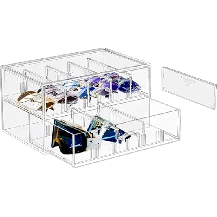 Lolalet Clear Sunglasses Organizer with Drawer, Eyeglass Eye Wear Display Case Storage Box with Removable Dividers for Multiple Pairs -1 Pack, 2 Layers