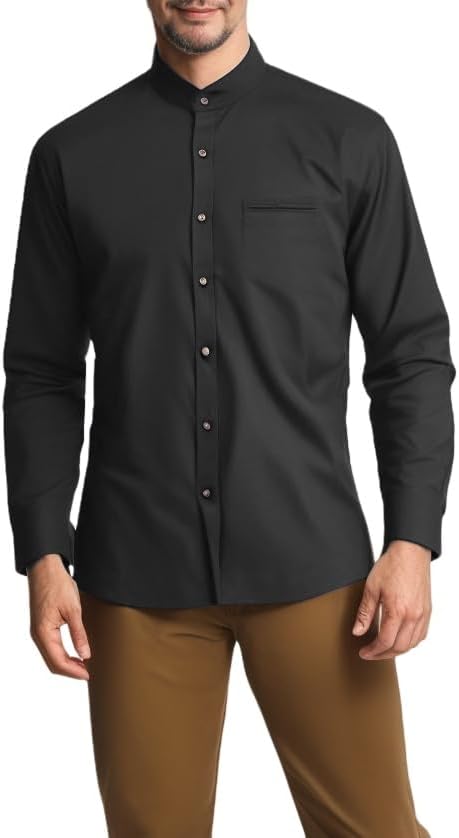 Jandukar Men's Hipster Patchwork Design Long Sleeve Mandarin Collar Shirts Business Shirts