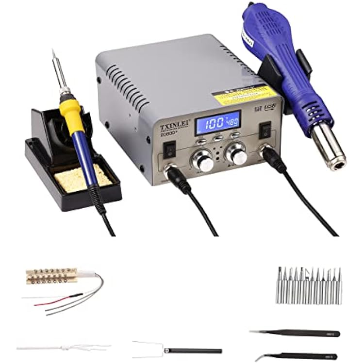 2080D 110V Soldering Station, 2 in 1 680W LCD Digital Hot Air Gun Rework Station Electric Soldering Iron, DC Power Supply USB Charging Port