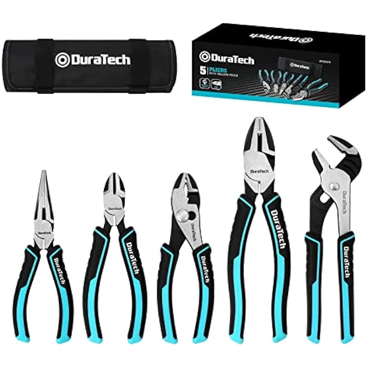 DURATECH 5-Piece Cr-Ni Pliers Set, 6 Long Nose, Slip Joint, Diagonal Cutting, 8 Linesman, Groove Joint Pliers, Easy Storage Oxford Rolling Pouch