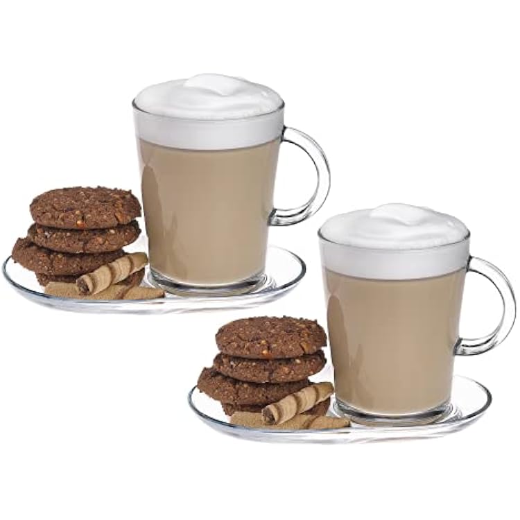 DESTALYA Coffee Mugs with Handles and Saucers Set | Clear Glass 13.52 oz Handled Cups for Hot Beverages Cold Drinks | Tea Espresso Cappuccino Hot Chocolate