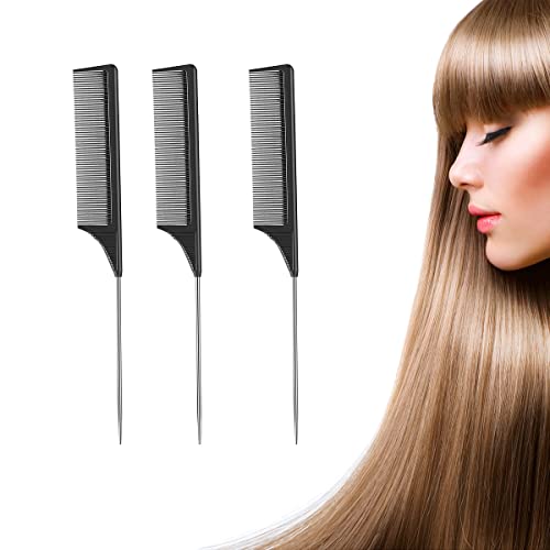 3 Pack Rat Tail Combs with Heat Resistant Carbon Fiber Fine Tooth, Stainless Steel Handle, and Pintail Design for Womens Hair Parting and Teasing
