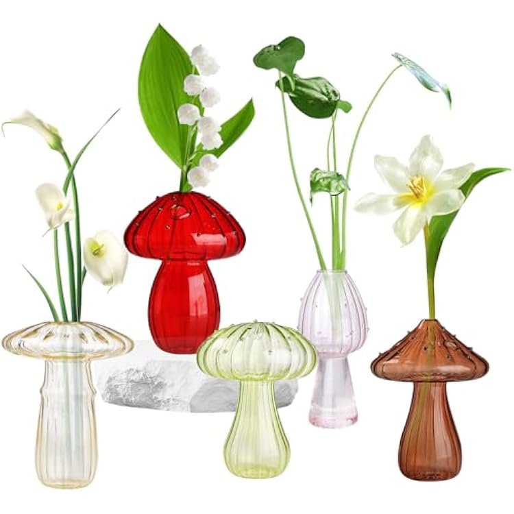 5 PCS Mushroom Shaped Glass Vase, Planters Clear Hydroponic Vase, Flowers Plants for Decorative Centerpiece,Table Decor,Home Wedding Party 5 Color