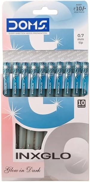 Doms INXGLO (Glow in Dark) Ballpen-Blue Ink-0.7mm Needle Tip-Pack of 10| Lightweight, Long-Lasting, Comfortable Grip, Smooth & Non-Stop Writing|
