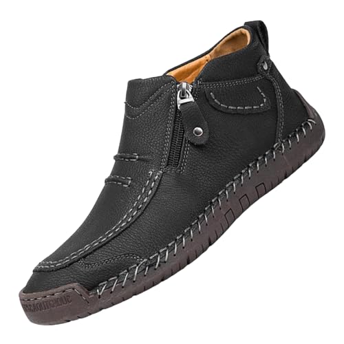 Mens Casual Leather Shoes Ankle Chukka Boots Lightweight Breathable Handmade Loafers Driving Boots with Side Zipper Slip-On Orthopedic Shoes Outdoor Hiking Business Sports Shoe