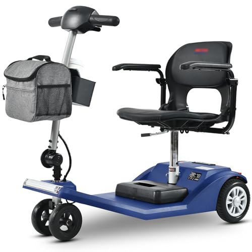 Mobility Scooters Portable Foldable, All Terrain Folding 400lbs Weight Capacity Travel Handicap Scooter,4 Wheel Powered Wheelchair Device for Adults &Seniors, with Charger and Basket Included Blue