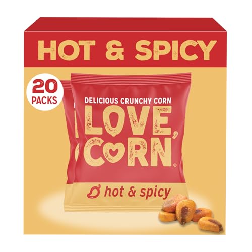 LOVE CORN Hot & Spicy Crunchy Roasted Corn Snack, Gluten Free, Non-GMO, Vegan, Kosher Lunchbox, Office & On-the-Go Snacks, Alternative to Chips, Nuts & Crackers Family Size, 0.7oz 20 Bags