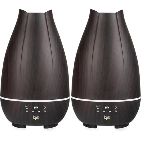 HealthSmart Essential Oil Diffuser, Cool Mist Humidifier and Aromatherapy Diffuser with 500ML Tank Ideal for Large Rooms, Adjustable Timer, Mist Mode and 7 LED Light Colors, Brown Pack of 2