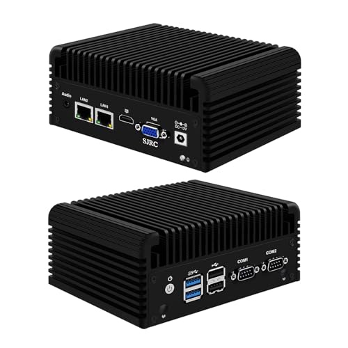 SJRC Low Power Mini PC Celeron N2840, Fanless Industrial Computer with Dual COM RS232, 2 x RJ45 Gigabit LAN Micro Desktop Computer with 8GB RAM 64GB SSD, HD, VGA, WiFi5BT4.2