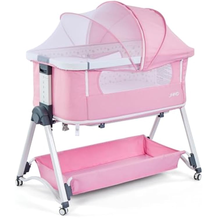 JMMD Baby Bassinet Bedside Sleeper, 3 in 1 Baby Bassinet with Removable Mosquito Net Height Adjustable Side Sleeper Foldable and Portable Bed Side Sleeper for Baby Pink