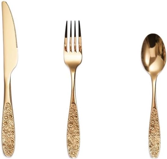 Cutlery Flatware Cutlery Set, 3/12/18/24/30/36 Pieces Simple Embossed Pattern Thickened Handle Steak Knife Fork Spoon Four Colors Optional Palace Retro Style Hotel Fork S,Gold-4 Pieces for 1