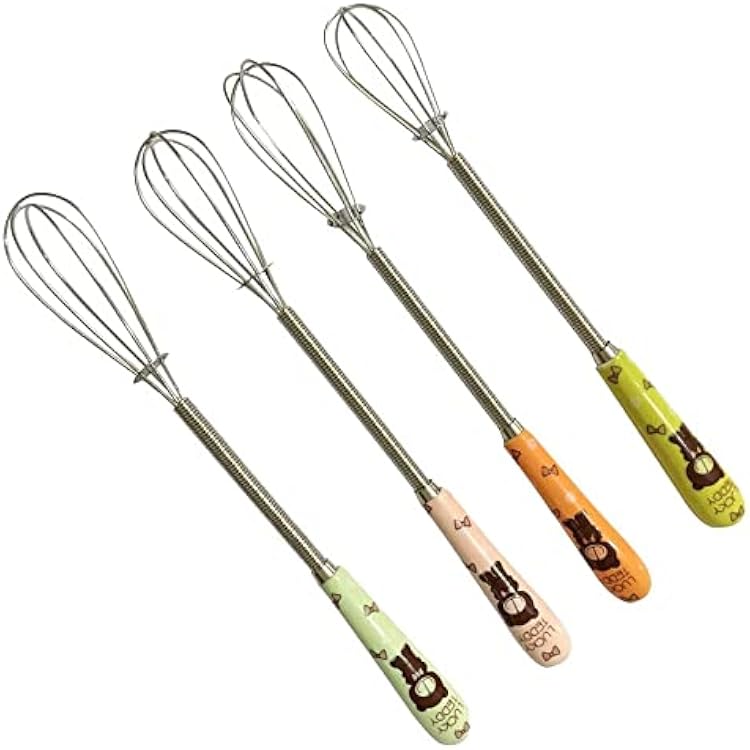 Verdental 4 Pieces 7 Inches Colorful Small Stainless Steel Whisks with Cute Cartoon Bear Handle Design Little Balloon Whisk for Mixing and Beating Eggs