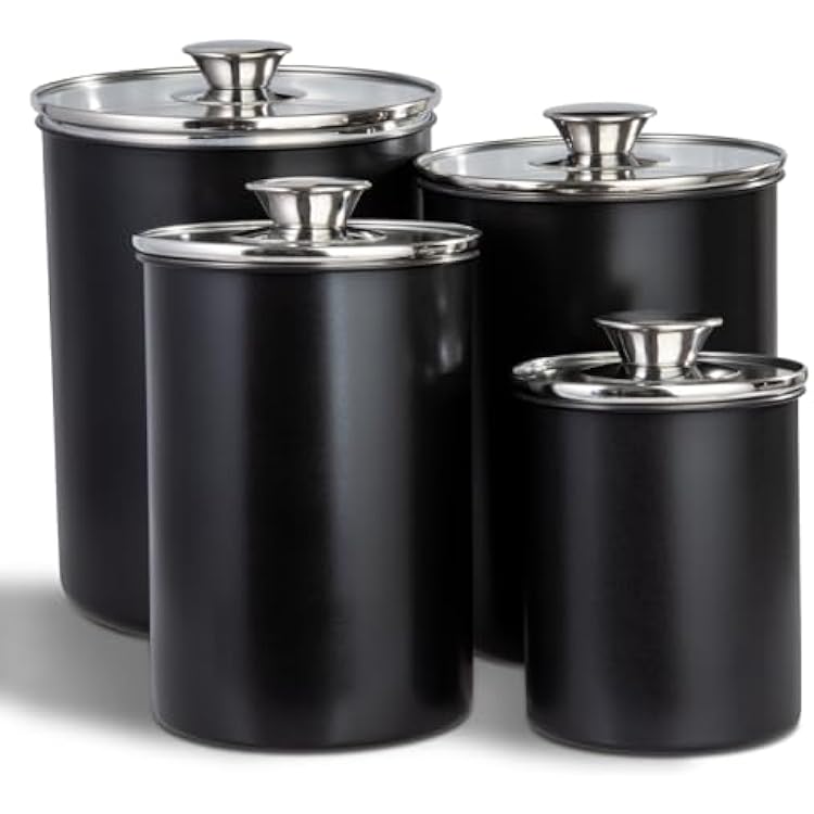 malmo Stainless Steel Food Canister Set of 4-Piece, 164985132 Ounces,Airtight Containers with Glass Lid for Tea,Coffee,Sugar,Flour,Pantry Kitchen Storage Storeroom Counter Black